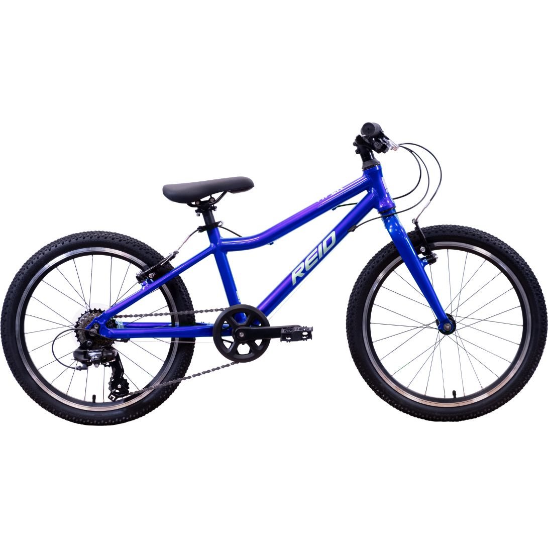 Blue children's bicycle with 'Reid' branding on a white background